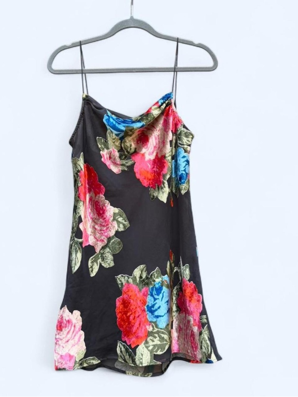 Black Floral Slip Dress with Bright Rose Print